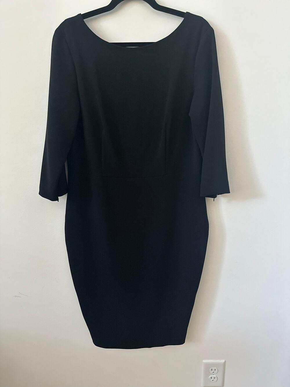 Theory Midi Sheath Dress Women's Size 12 Black Pleated Boat Neck 3/4 Sleeves